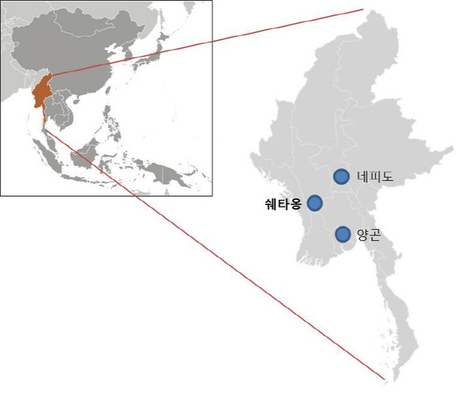 미얀마 지도 및 Shwetaung 발전소 위치